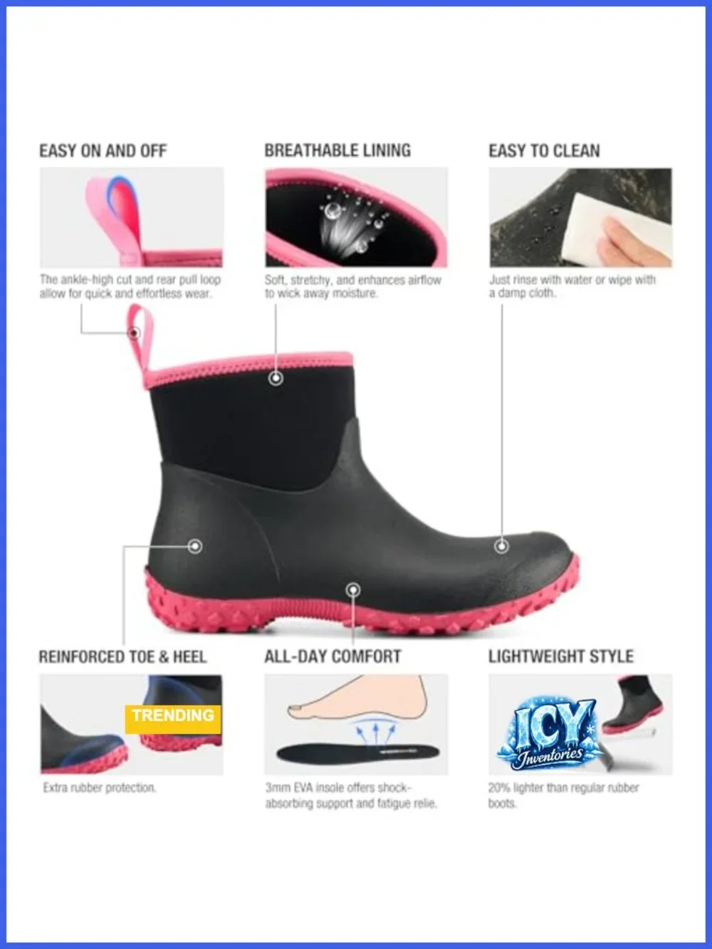 Women's Waterproof Rubber Ankle Rain Boots Insulated Neoprene Anti-Slip Mud